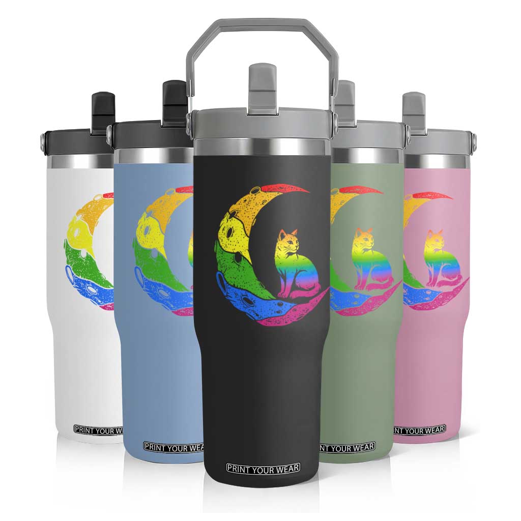 Rainbow Moon Cat Pride Flip Straw Tumbler LGBT Feline Graphic TS12 Print Your Wear