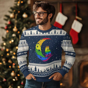 Rainbow Moon Cat Pride Ugly Christmas Sweater LGBT Feline Graphic