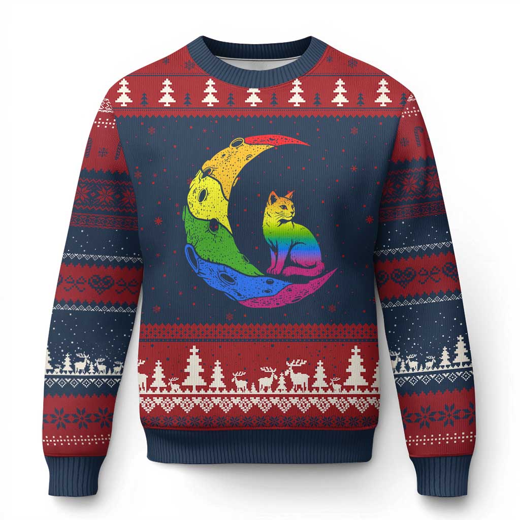 Rainbow Moon Cat Pride Ugly Christmas Sweater LGBT Feline Graphic