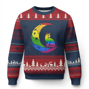Rainbow Moon Cat Pride Ugly Christmas Sweater LGBT Feline Graphic
