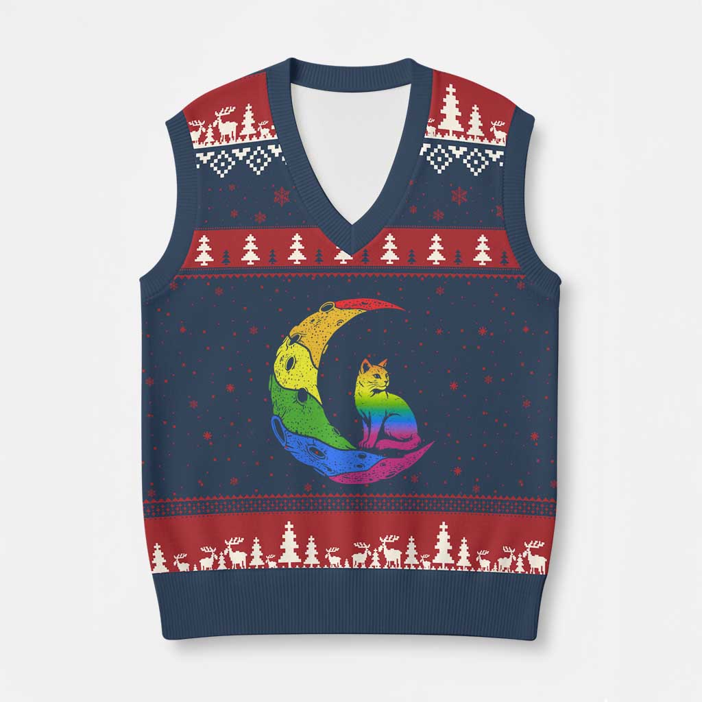 Rainbow Moon Cat Pride V-Neck Knit Sweater Vest LGBT Feline Graphic TS12 Navy Red Print Your Wear