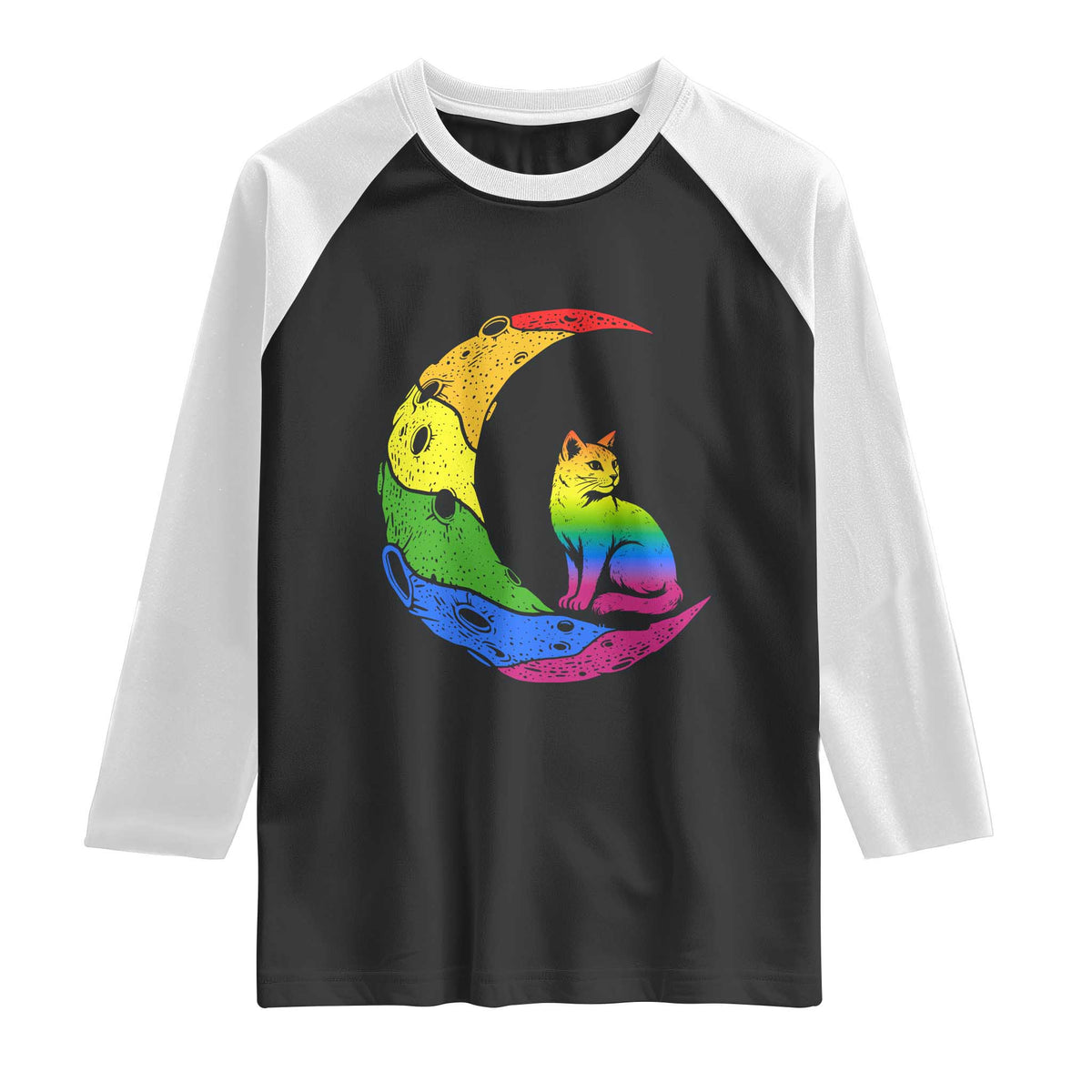 Rainbow Moon Cat Pride Raglan Shirt LGBT Feline Graphic TS12 Black White Print Your Wear