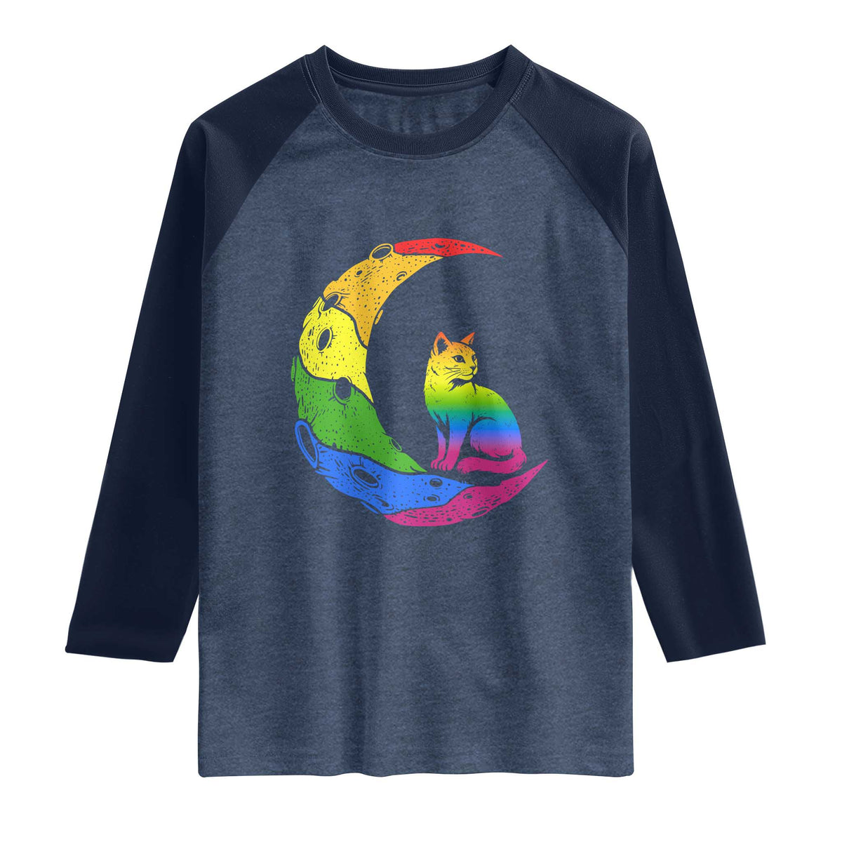 Rainbow Moon Cat Pride Raglan Shirt LGBT Feline Graphic TS12 Heather Denim Navy Print Your Wear