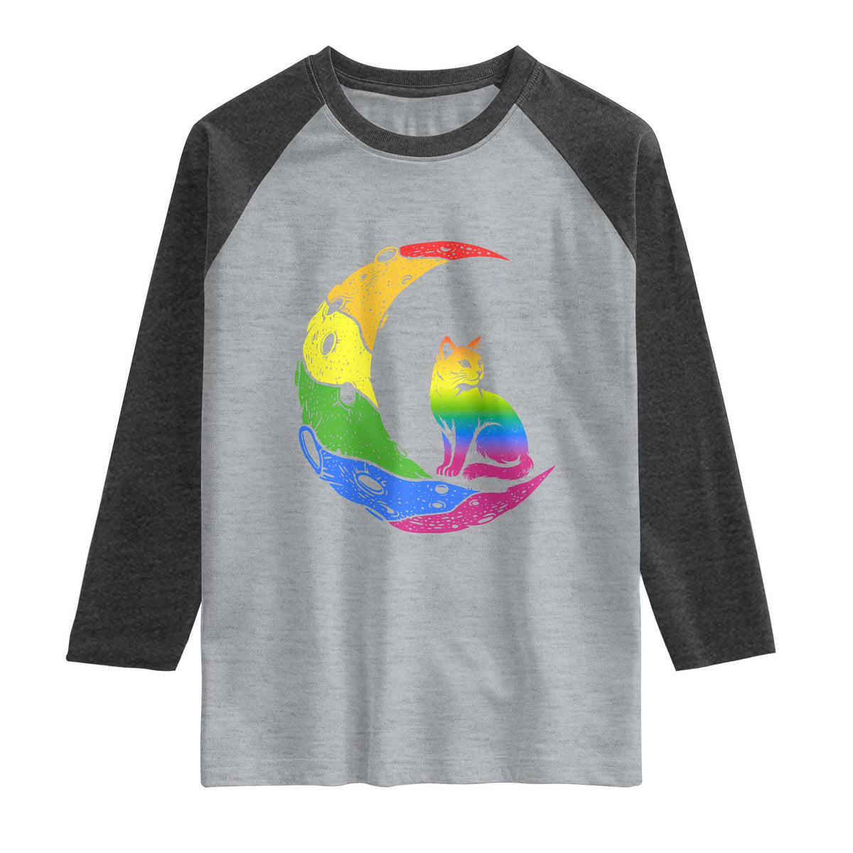 Rainbow Moon Cat Pride Raglan Shirt LGBT Feline Graphic TS12 Heather Gray Heather Charcoal Print Your Wear