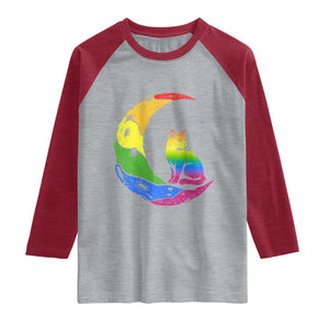 Rainbow Moon Cat Pride Raglan Shirt LGBT Feline Graphic TS12 Heather Gray Heather Red Print Your Wear