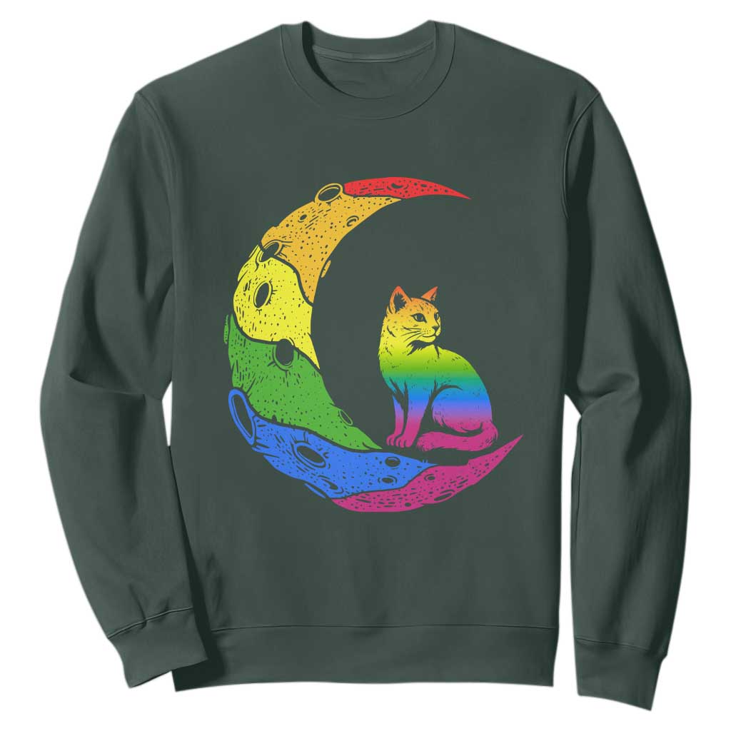 Rainbow Moon Cat Pride Sweatshirt LGBT Feline Graphic TS12 Dark Forest Green Print Your Wear