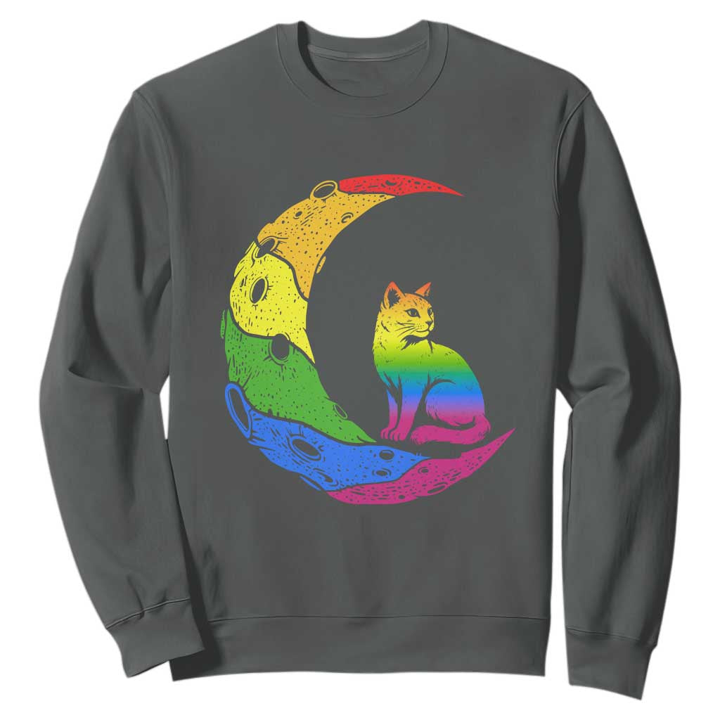 Rainbow Moon Cat Pride Sweatshirt LGBT Feline Graphic TS12 Dark Heather Print Your Wear