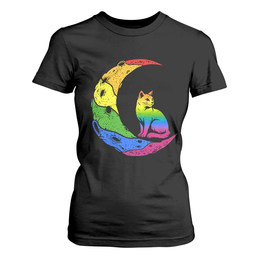 Rainbow Moon Cat Pride T Shirt For Women LGBT Feline Graphic TS12 Black Print Your Wear