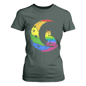 Rainbow Moon Cat Pride T Shirt For Women LGBT Feline Graphic TS12 Dark Forest Green Print Your Wear