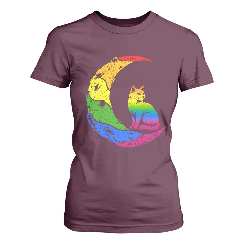 Rainbow Moon Cat Pride T Shirt For Women LGBT Feline Graphic TS12 Maroon Print Your Wear