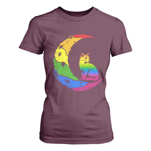 Rainbow Moon Cat Pride T Shirt For Women LGBT Feline Graphic TS12 Maroon Print Your Wear