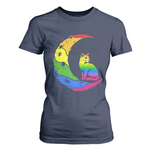 Rainbow Moon Cat Pride T Shirt For Women LGBT Feline Graphic TS12 Navy Print Your Wear