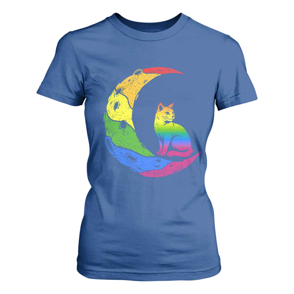 Rainbow Moon Cat Pride T Shirt For Women LGBT Feline Graphic TS12 Royal Blue Print Your Wear