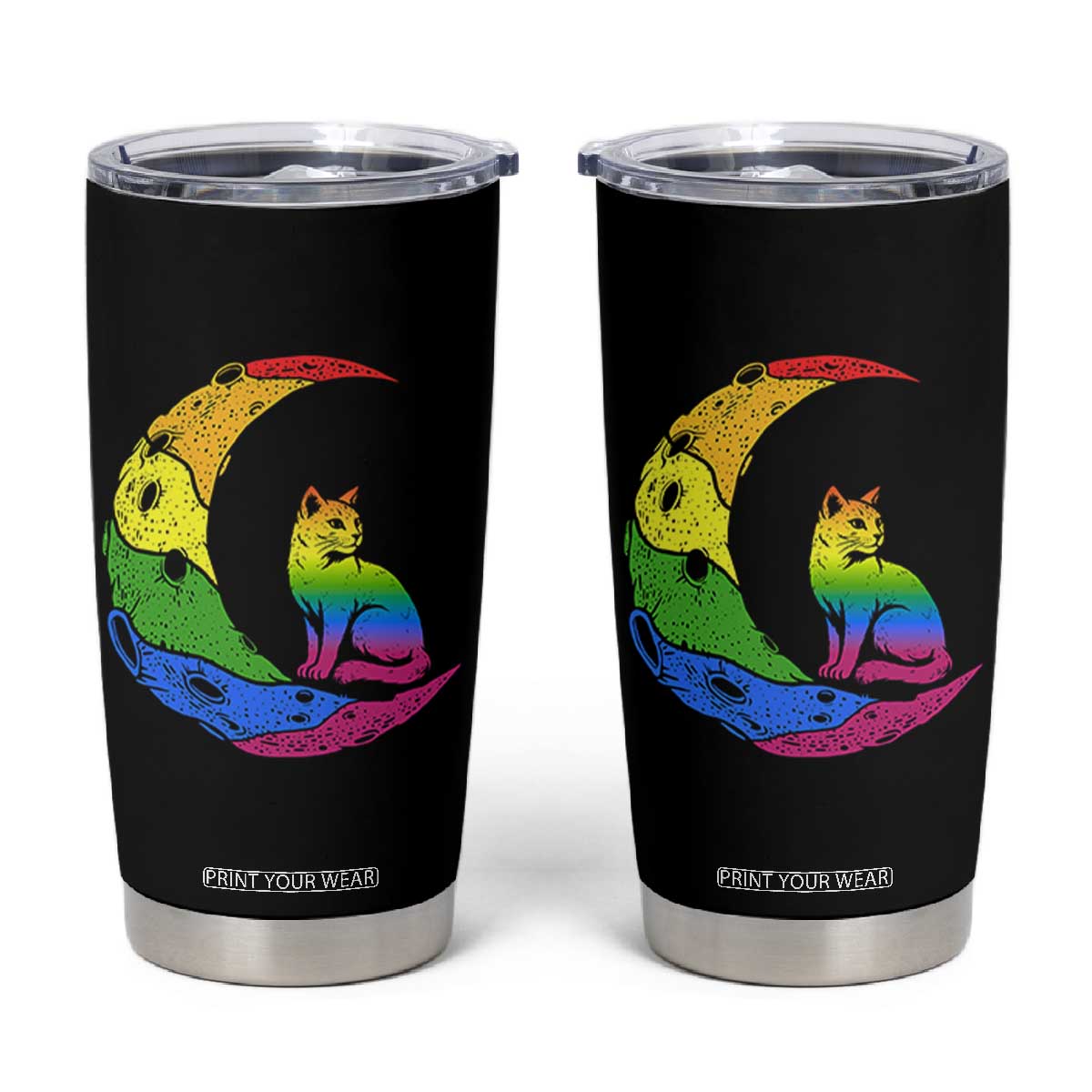 Rainbow Moon Cat Pride Tumbler Cup LGBT Feline Graphic TS12 Black Print Your Wear