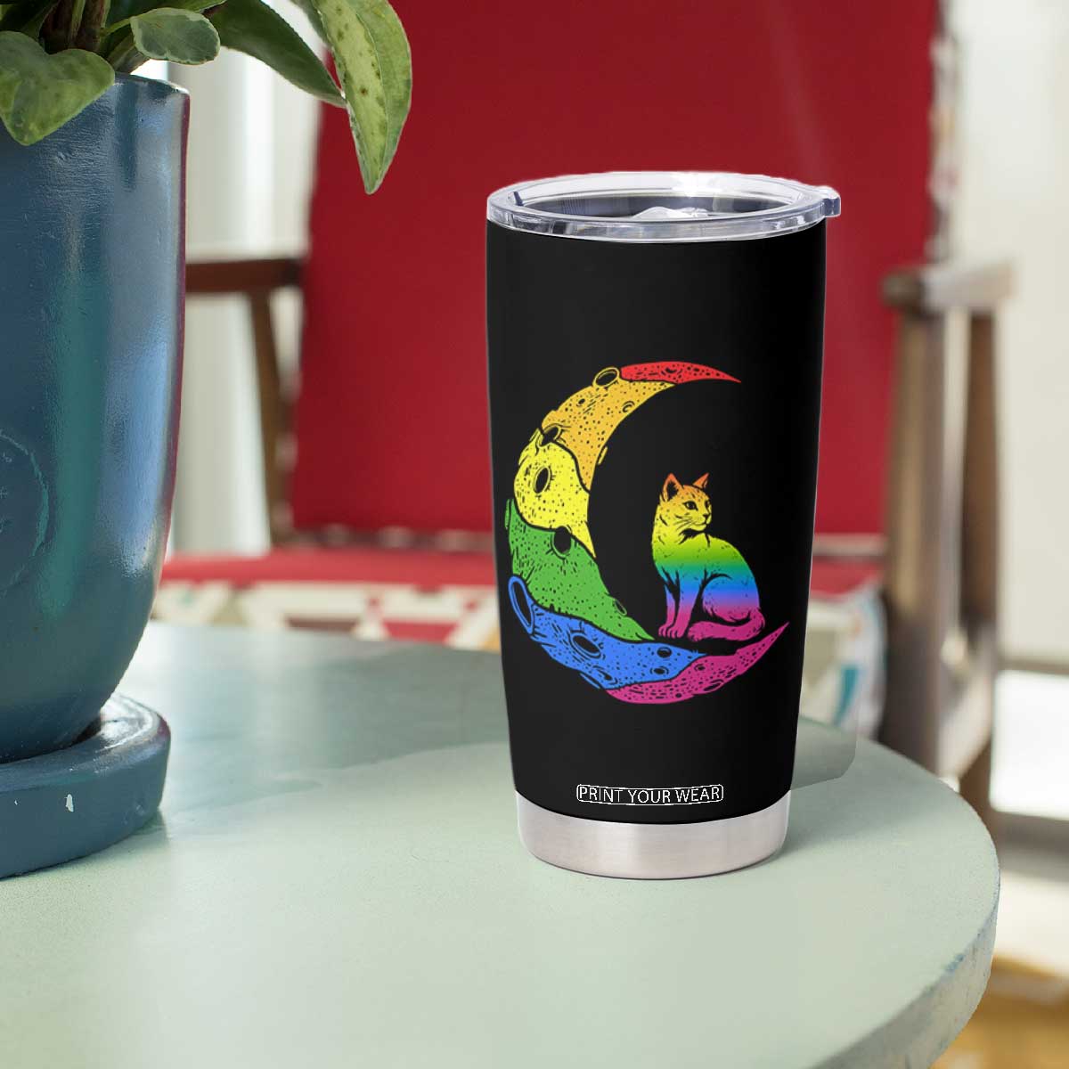 Rainbow Moon Cat Pride Tumbler Cup LGBT Feline Graphic TS12 Print Your Wear