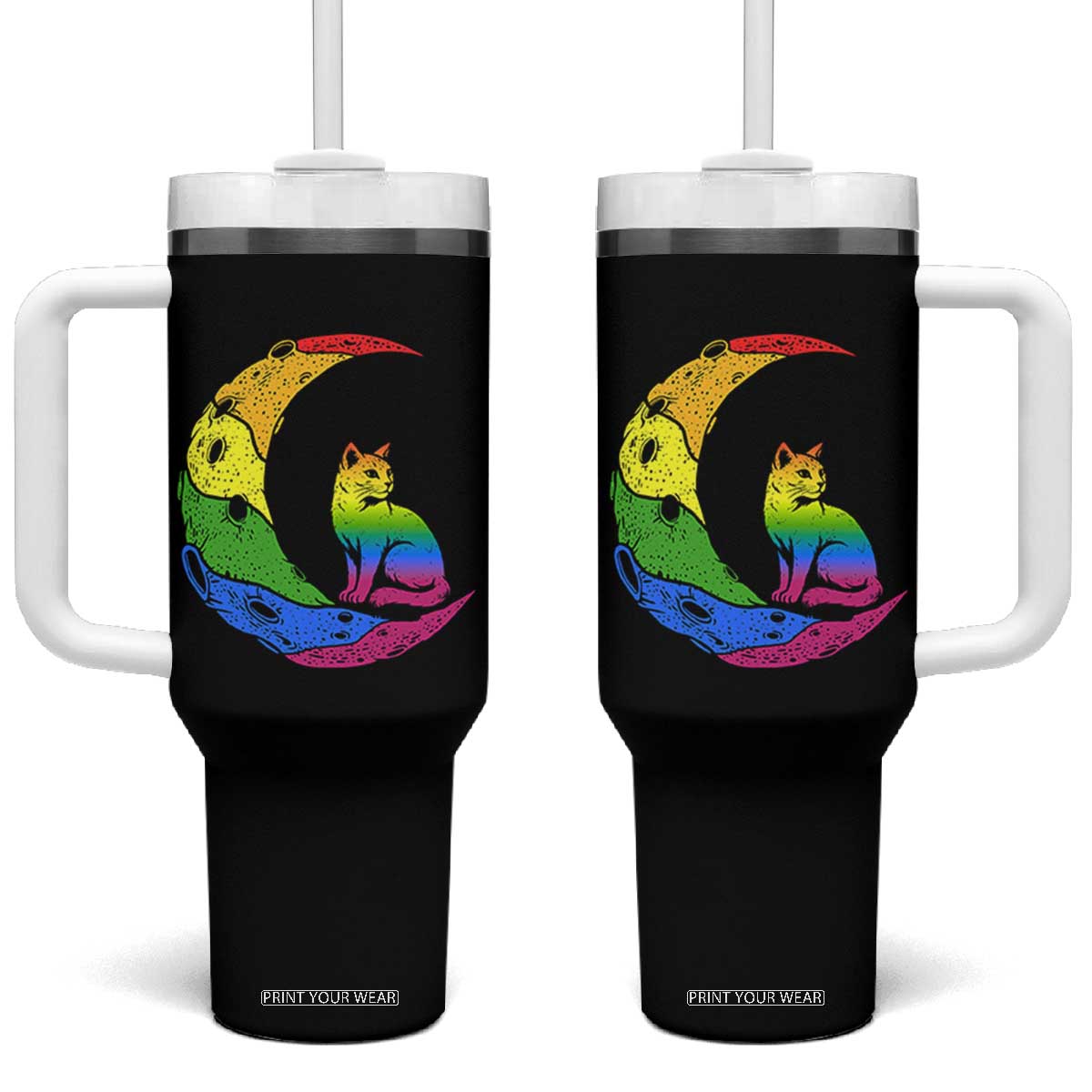 Rainbow Moon Cat Pride Tumbler With Handle LGBT Feline Graphic TS12 One Size: 40 oz Black Print Your Wear
