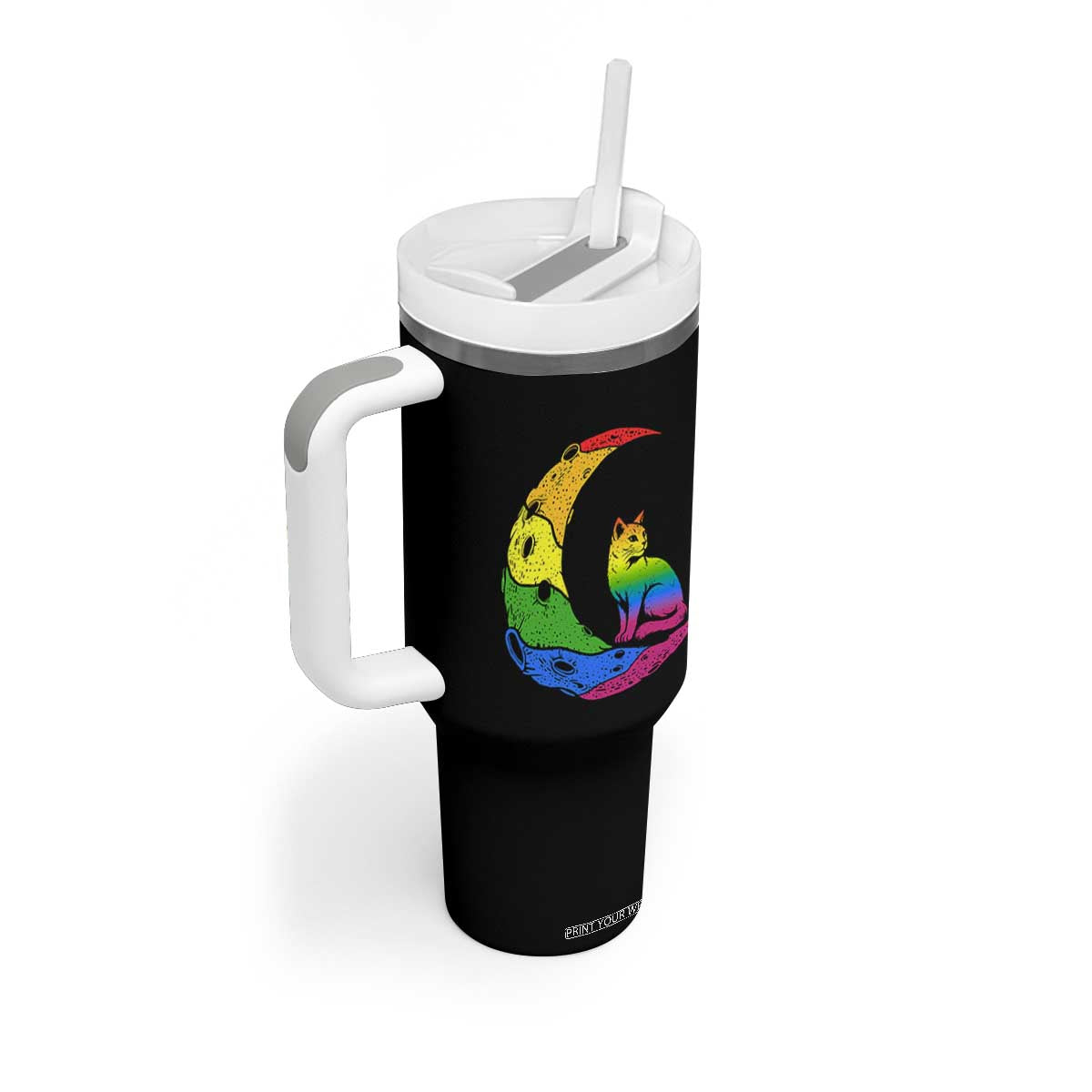 Rainbow Moon Cat Pride Tumbler With Handle LGBT Feline Graphic TS12 Print Your Wear