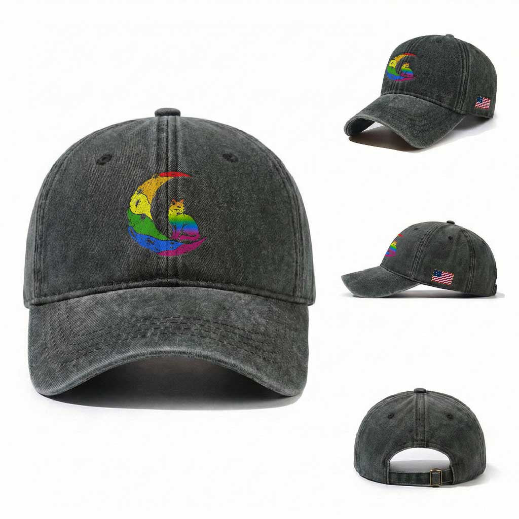Rainbow Moon Cat Pride Washed Cotton Baseball Cap LGBT Feline Graphic TS12 Washed Cap Universal Fit Dark Green Print Your Wear