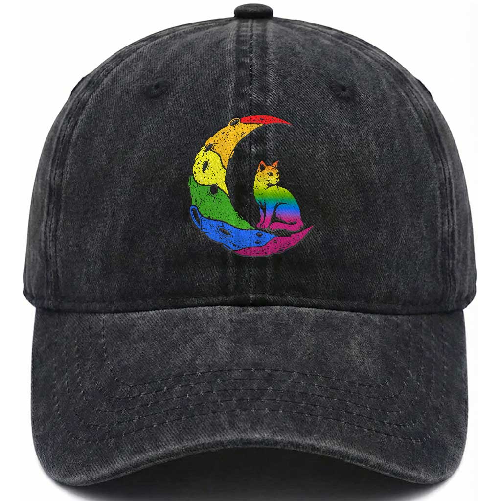 Rainbow Moon Cat Pride Washed Cotton Baseball Cap LGBT Feline Graphic TS12 Print Your Wear