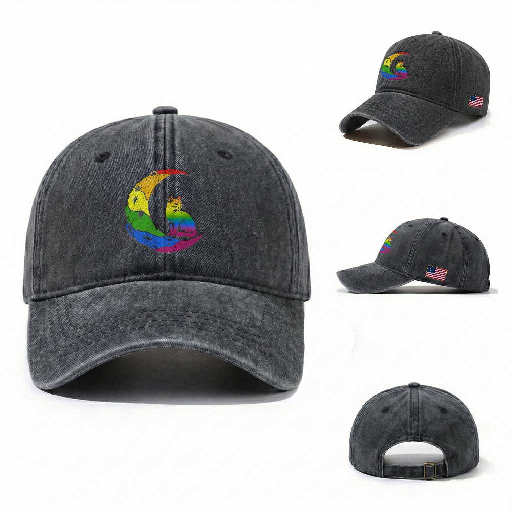 Rainbow Moon Cat Pride Washed Cotton Baseball Cap LGBT Feline Graphic TS12 Washed Cap Universal Fit Dark Gray Print Your Wear