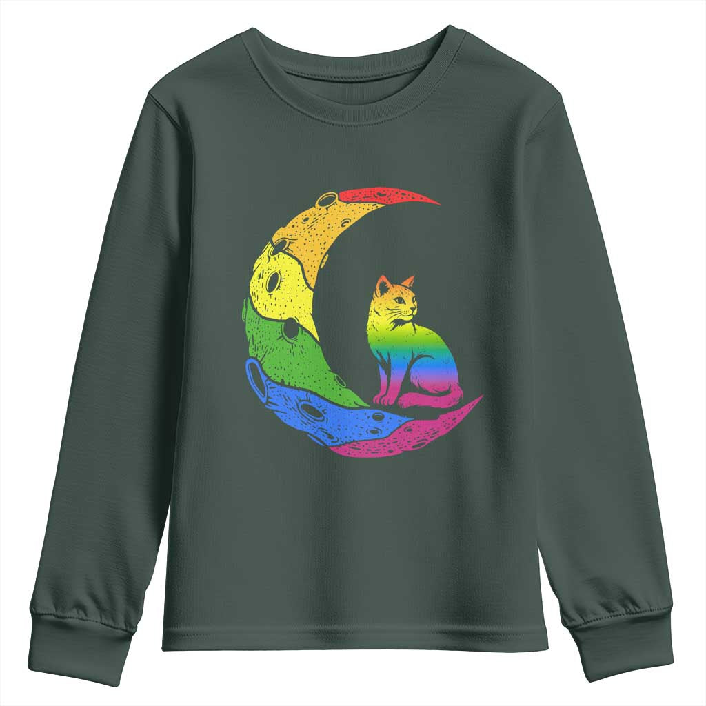 Rainbow Moon Cat Pride Youth Sweatshirt LGBT Feline Graphic TS12 Dark Forest Green Print Your Wear