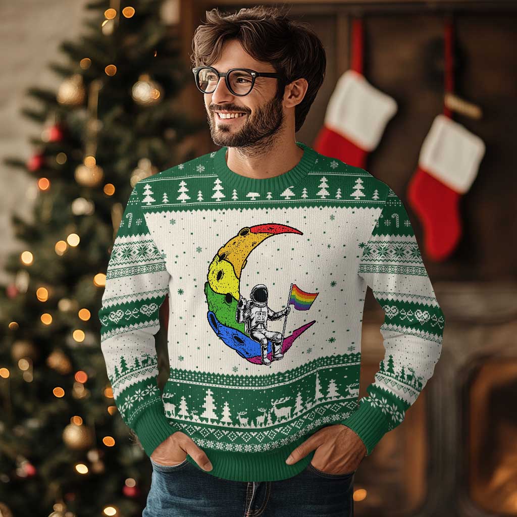 Rainbow Astronaut On The Moon LGBT Ugly Christmas Sweater Spaceman Pride Month