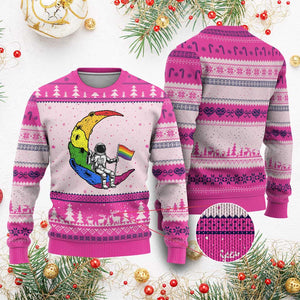 Rainbow Astronaut On The Moon LGBT Ugly Christmas Sweater Spaceman Pride Month