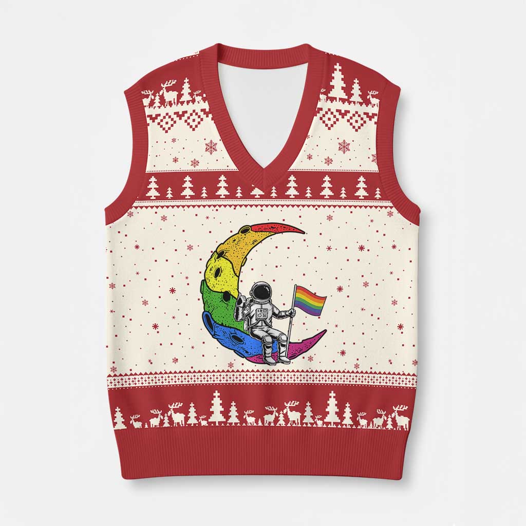 Rainbow Astronaut On The Moon LGBT V-Neck Knit Sweater Vest Spaceman Pride Month TS12 Beige Red Print Your Wear
