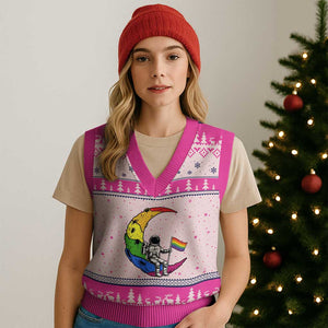 Rainbow Astronaut On The Moon LGBT V-Neck Knit Sweater Vest Spaceman Pride Month TS12 Hot Pink Print Your Wear