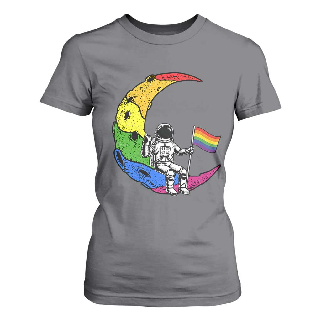 Rainbow Astronaut On The Moon LGBT T Shirt For Women Spaceman Pride Month TS12 Charcoal Print Your Wear