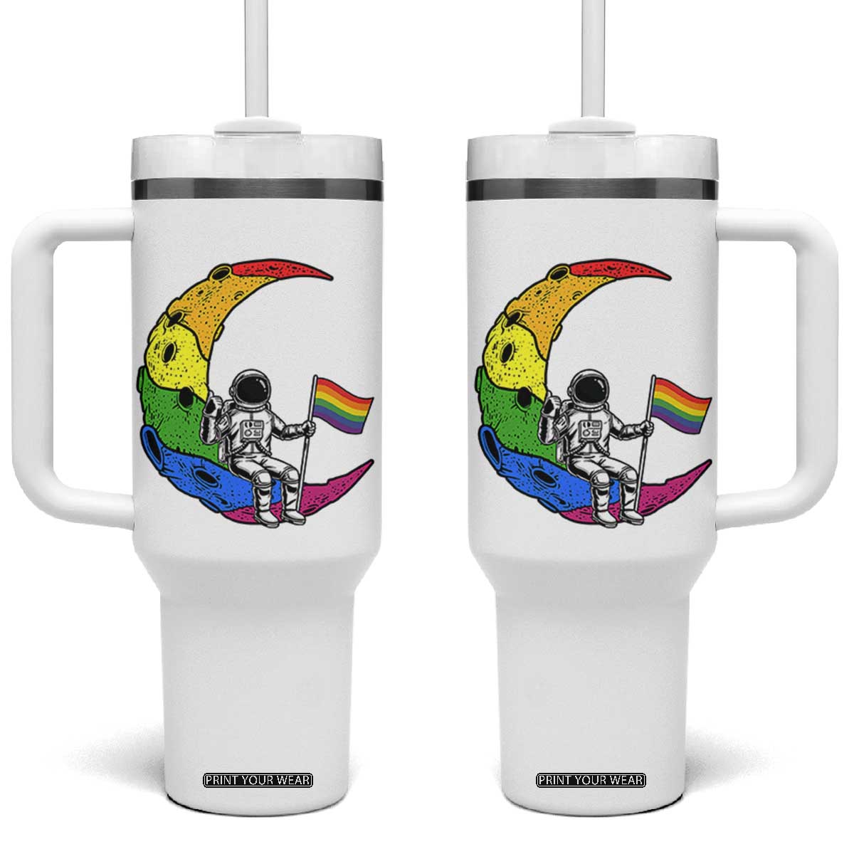 Rainbow Astronaut On The Moon LGBT Tumbler With Handle Spaceman Pride Month TS12 One Size: 40 oz White Print Your Wear
