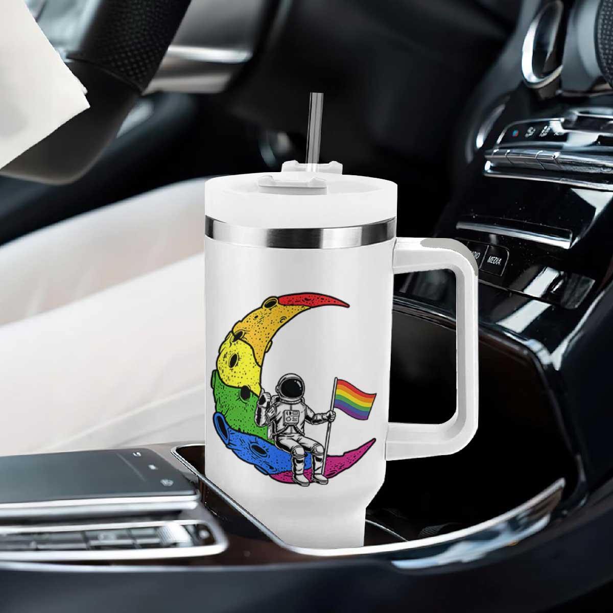 Rainbow Astronaut On The Moon LGBT Tumbler With Handle Spaceman Pride Month TS12 Print Your Wear
