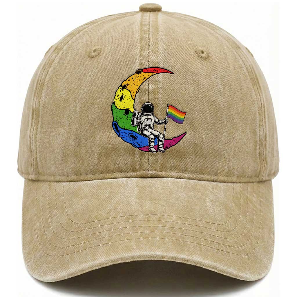 Rainbow Astronaut On The Moon LGBT Washed Cotton Baseball Cap Spaceman Pride Month
