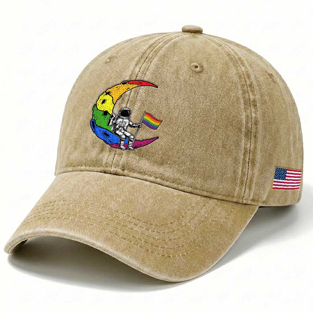 Rainbow Astronaut On The Moon LGBT Washed Cotton Baseball Cap Spaceman Pride Month