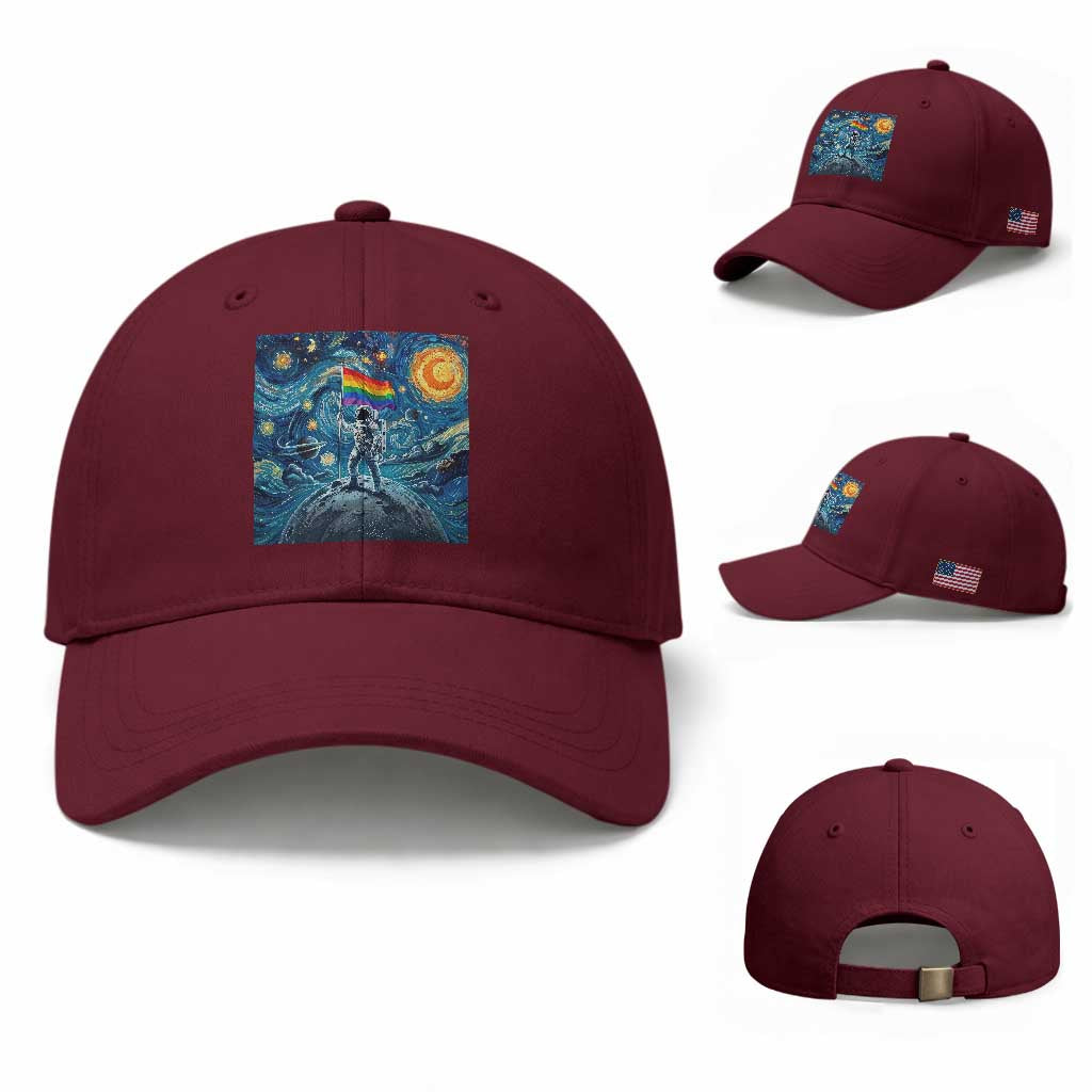 LGBTQ Rainbow Moon Astronaut Baseball Cap Starry Night Graphic TS12 Baseball Cap Universal Fit Maroon Print Your Wear