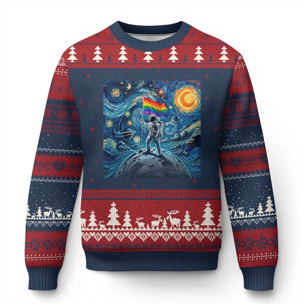 LGBTQ Rainbow Moon Astronaut Ugly Christmas Sweater Starry Night Graphic TS12 Navy Red Print Your Wear