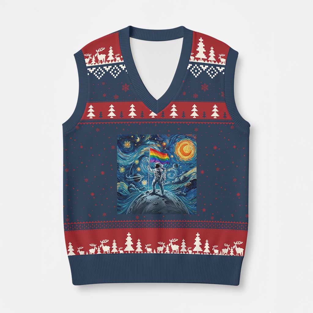 LGBTQ Rainbow Moon Astronaut V-Neck Knit Sweater Vest Starry Night Graphic TS12 Navy Red Print Your Wear