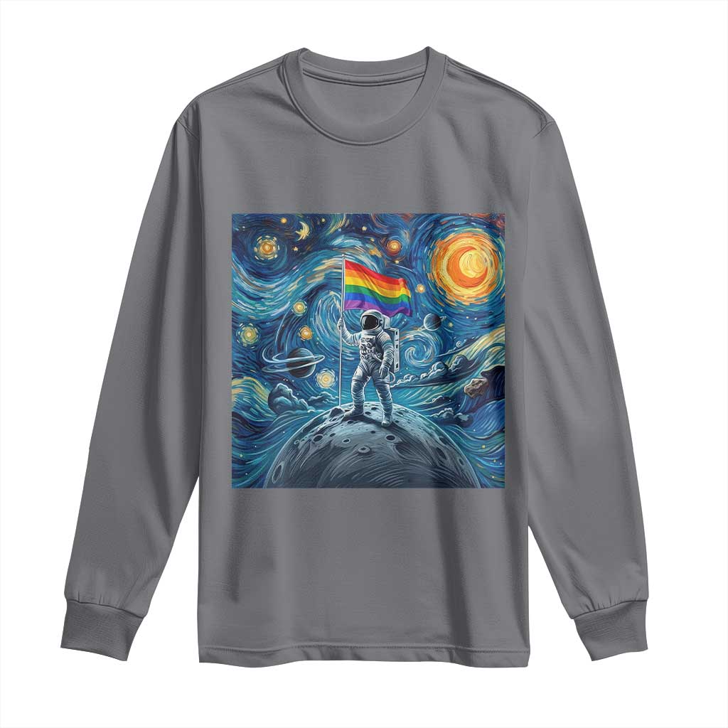 LGBTQ Rainbow Moon Astronaut Long Sleeve Shirt Starry Night Graphic TS12 Charcoal Print Your Wear