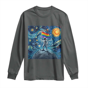 LGBTQ Rainbow Moon Astronaut Long Sleeve Shirt Starry Night Graphic TS12 Dark Heather Print Your Wear