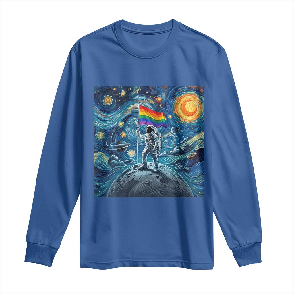 LGBTQ Rainbow Moon Astronaut Long Sleeve Shirt Starry Night Graphic TS12 Royal Blue Print Your Wear