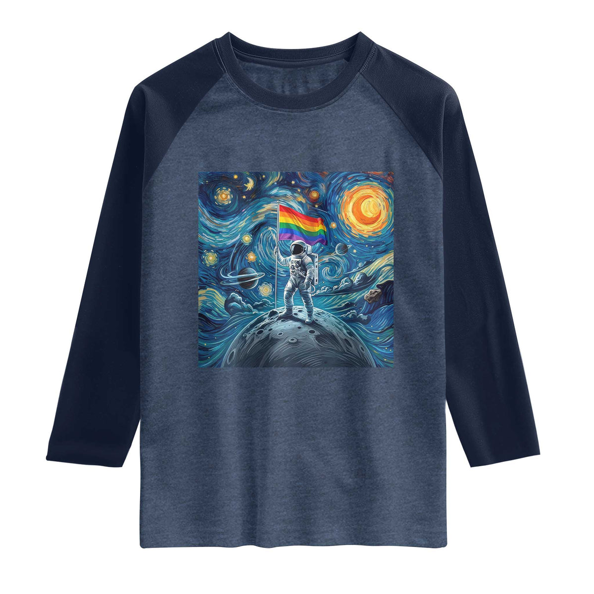LGBTQ Rainbow Moon Astronaut Raglan Shirt Starry Night Graphic TS12 Heather Denim Navy Print Your Wear