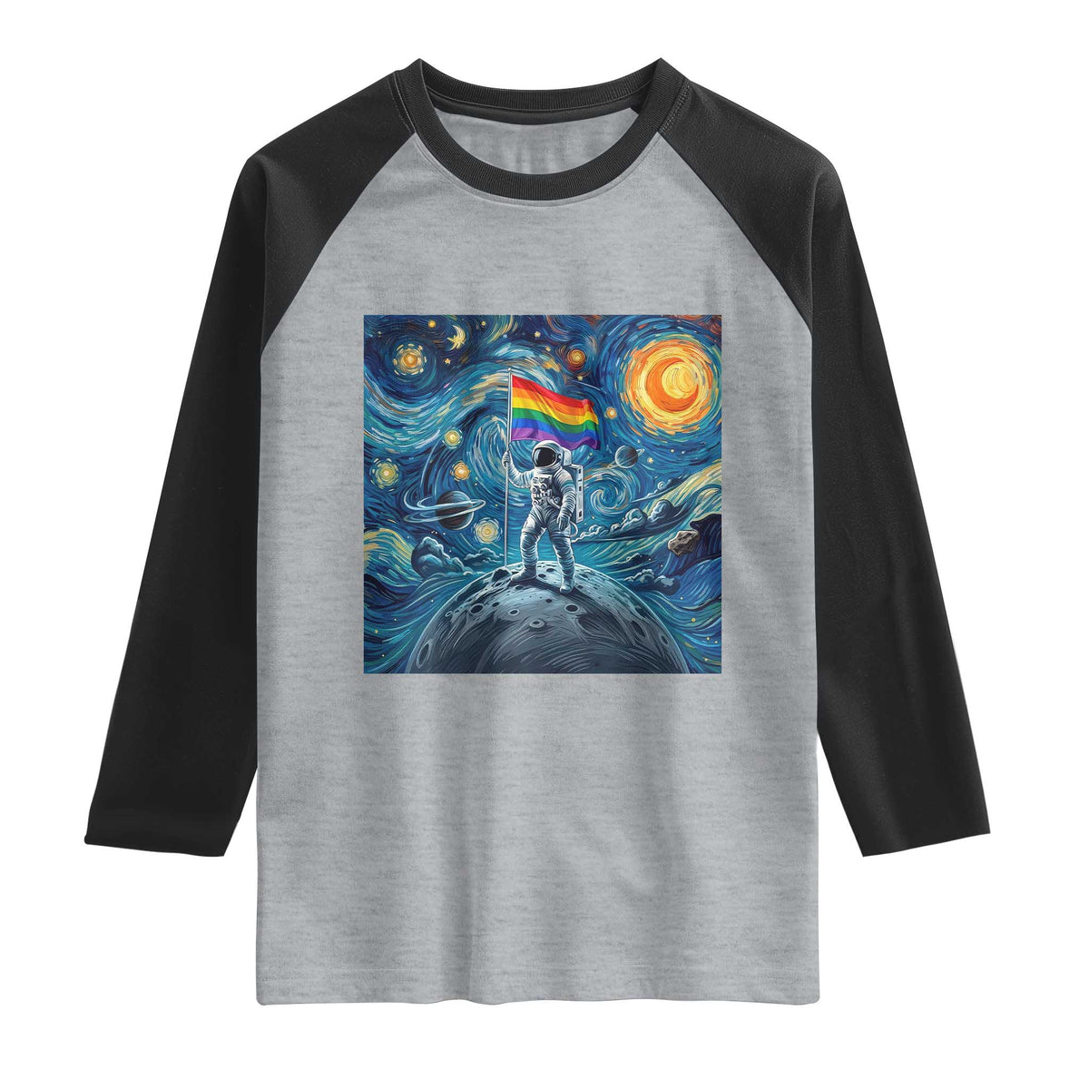 LGBTQ Rainbow Moon Astronaut Raglan Shirt Starry Night Graphic TS12 Heather Gray Black Print Your Wear