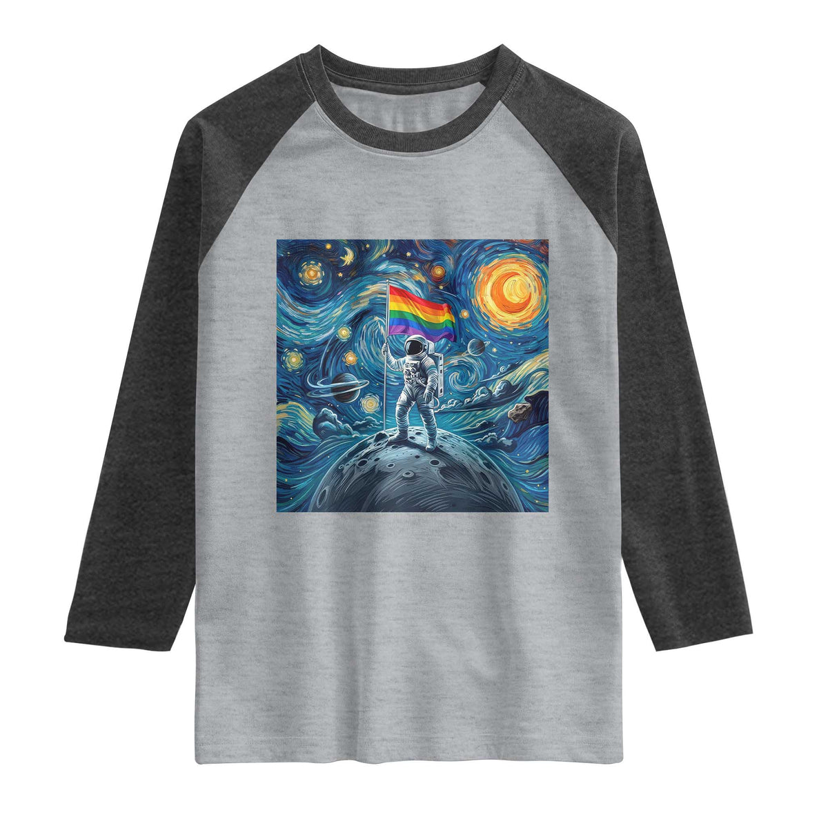 LGBTQ Rainbow Moon Astronaut Raglan Shirt Starry Night Graphic TS12 Heather Gray Heather Charcoal Print Your Wear