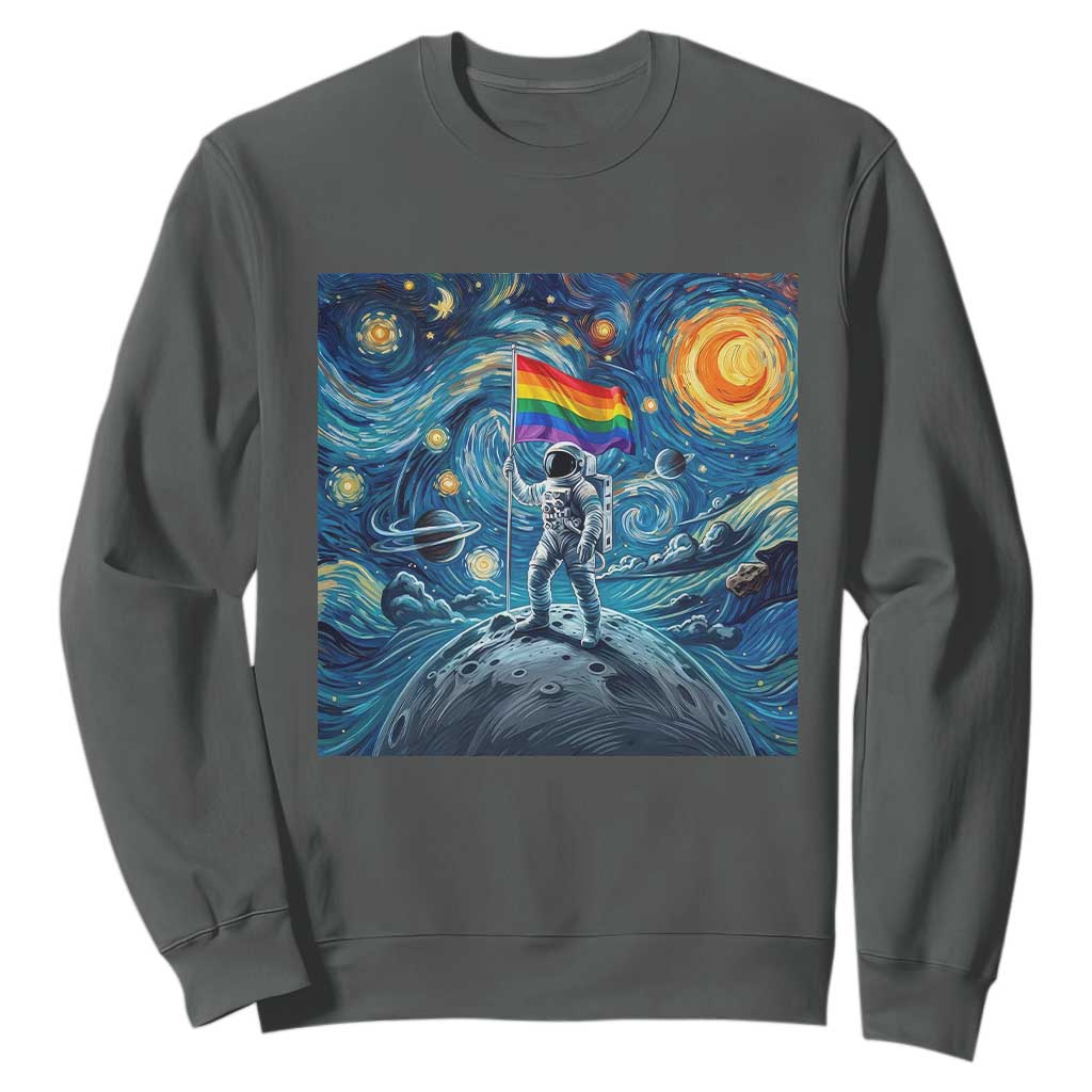 LGBTQ Rainbow Moon Astronaut Sweatshirt Starry Night Graphic TS12 Dark Heather Print Your Wear