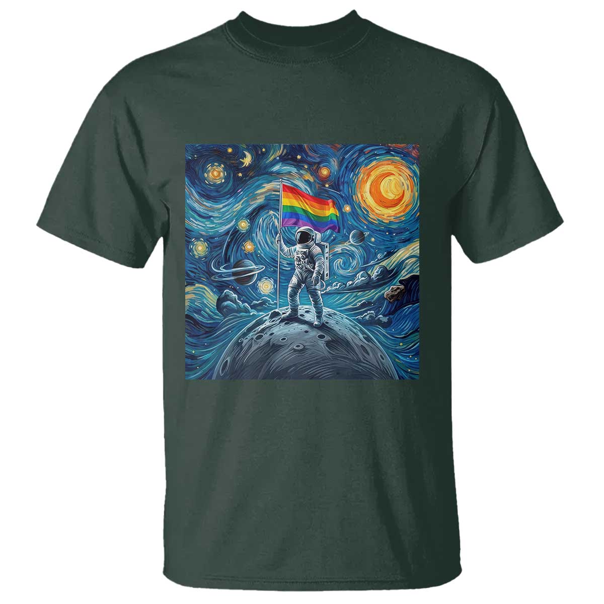 LGBTQ Rainbow Moon Astronaut T Shirt Starry Night Graphic TS12 Dark Forest Green Print Your Wear
