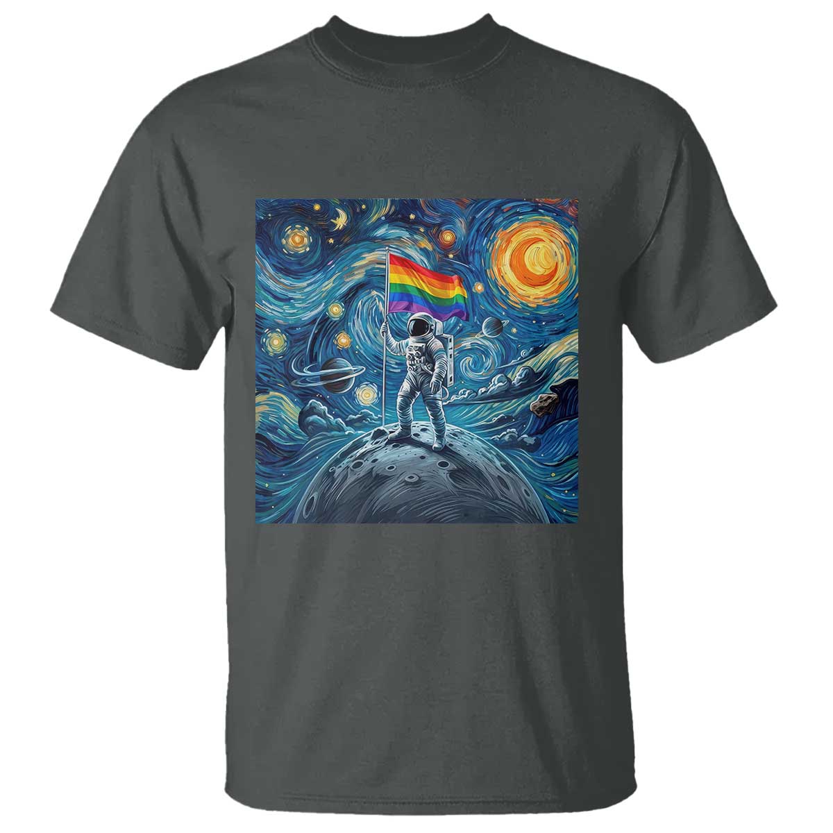 LGBTQ Rainbow Moon Astronaut T Shirt Starry Night Graphic TS12 Dark Heather Print Your Wear