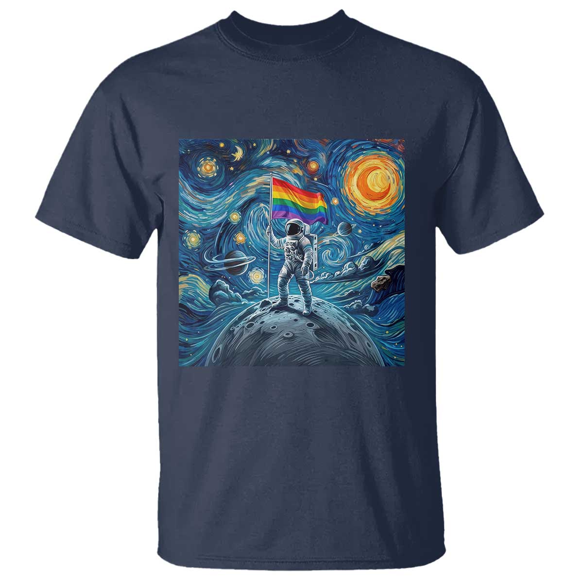LGBTQ Rainbow Moon Astronaut T Shirt Starry Night Graphic TS12 Navy Print Your Wear