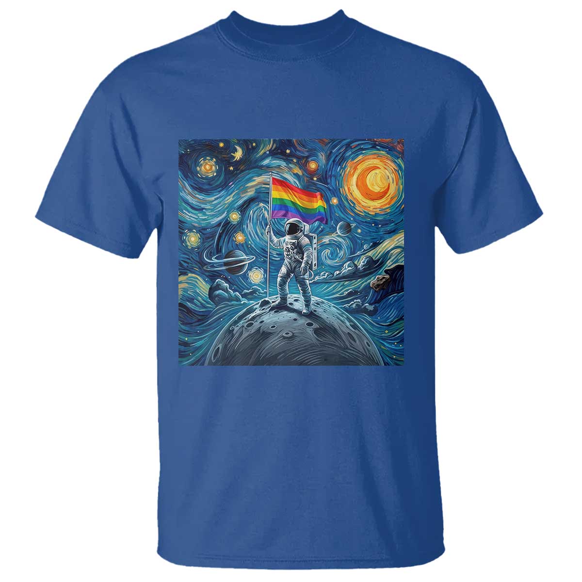 LGBTQ Rainbow Moon Astronaut T Shirt Starry Night Graphic TS12 Royal Blue Print Your Wear