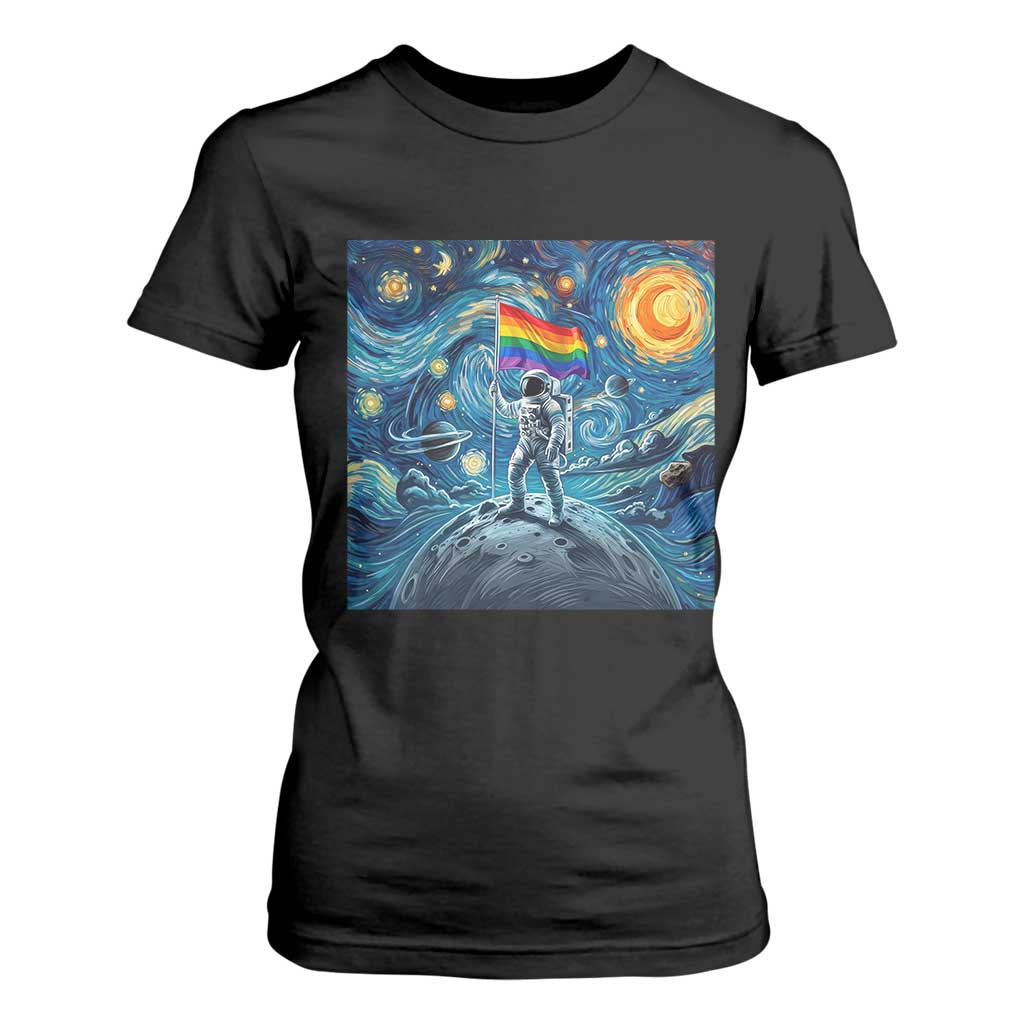 LGBTQ Rainbow Moon Astronaut T Shirt For Women Starry Night Graphic TS12 Black Print Your Wear