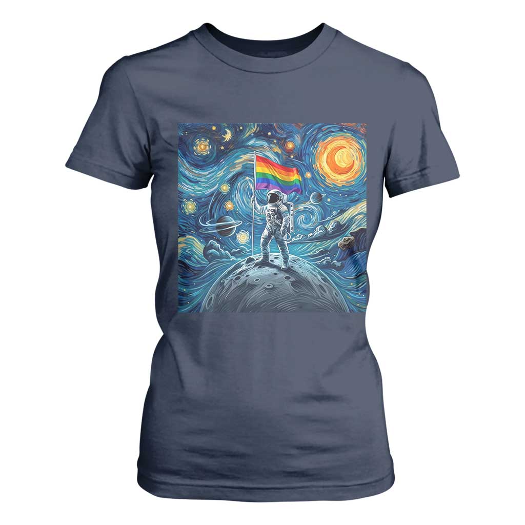 LGBTQ Rainbow Moon Astronaut T Shirt For Women Starry Night Graphic TS12 Navy Print Your Wear